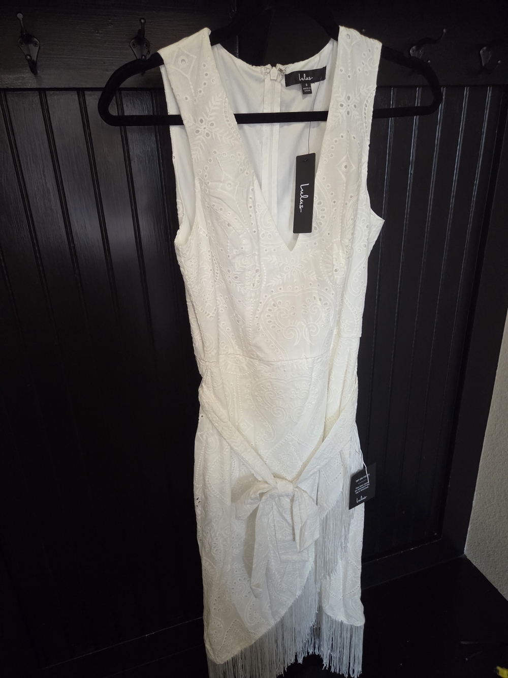 Lulu's White Eyelet Fringe V-Neck Midi Dress